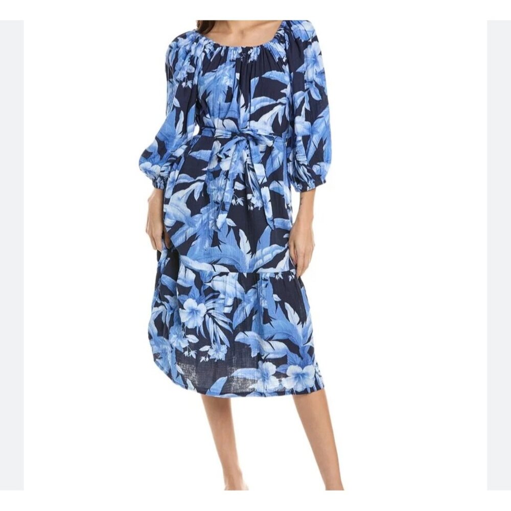 NWT Tommy Bahama Blue Gauzy Hibiscus Off-The-Shoulder Blue Midi Dress  Tie Waist